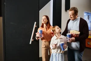 Famille entrant au cinéma avec boissons et pop-corn, moments de loisirs partagés
