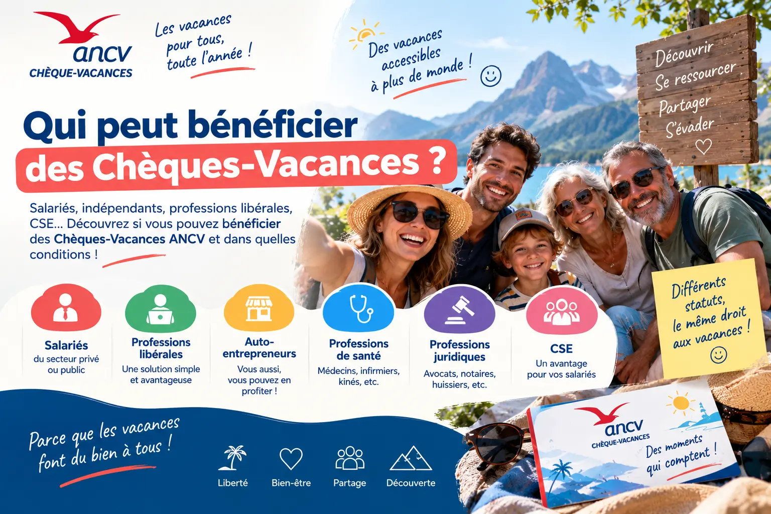 Qui peut bénéficier des Chèques-Vacances : salariés, indépendants, professions libérales, auto-entrepreneurs et CSE